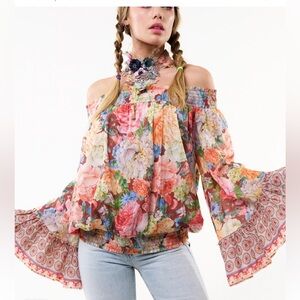 Aratta Silent Journey Floral Dreams Off-Shoulder Bell Sleeve Blouse